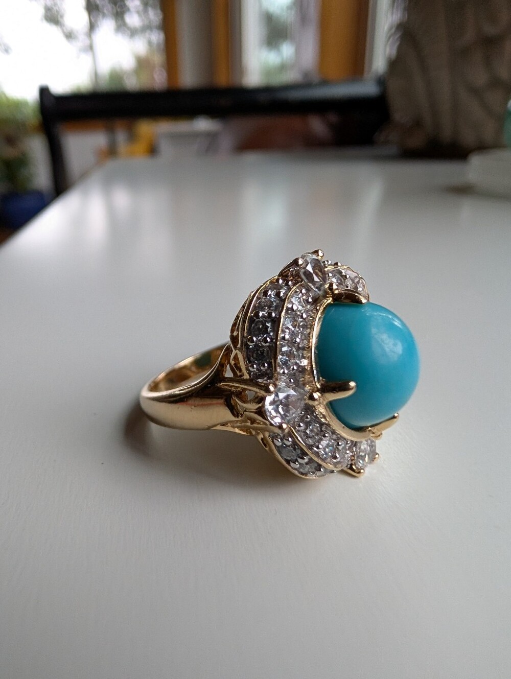 Sleeping Beauty Turquoise Halo 925 Sterling Silver Gold Plated Cocktail Ring, 7 - Picture 6 of 13